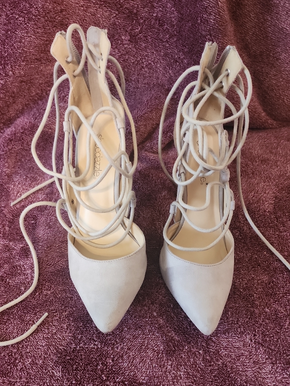 Shoe Dazzle Lace-Up Pointed Pumps in Light Gray
